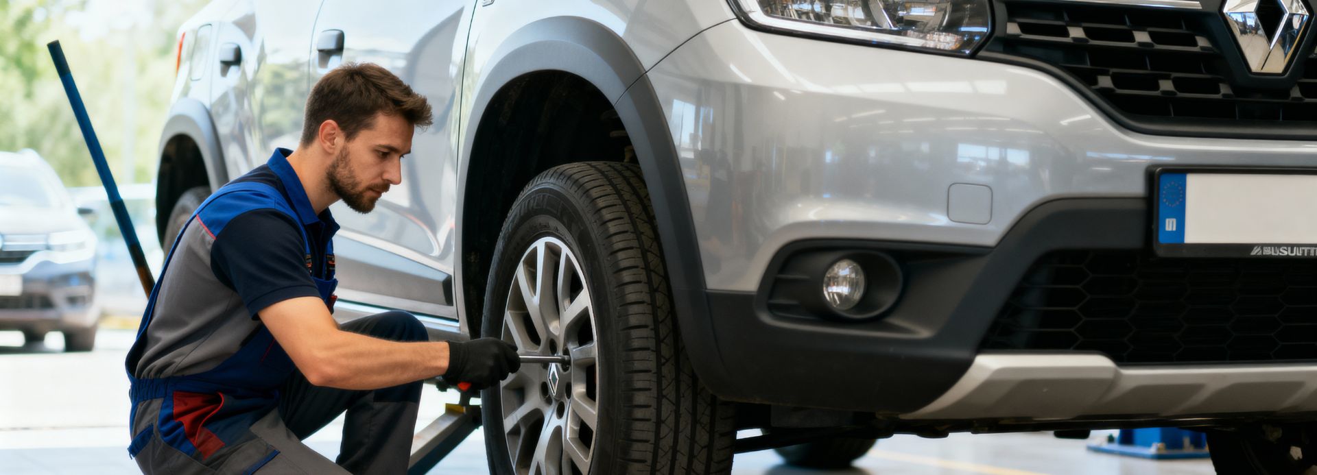 Mechaniker wechselt Reifen am Auto.
